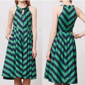 Anthropologie Girls from Savoy Emerald Ripple Navy & Green Striped Dress | SZ 4